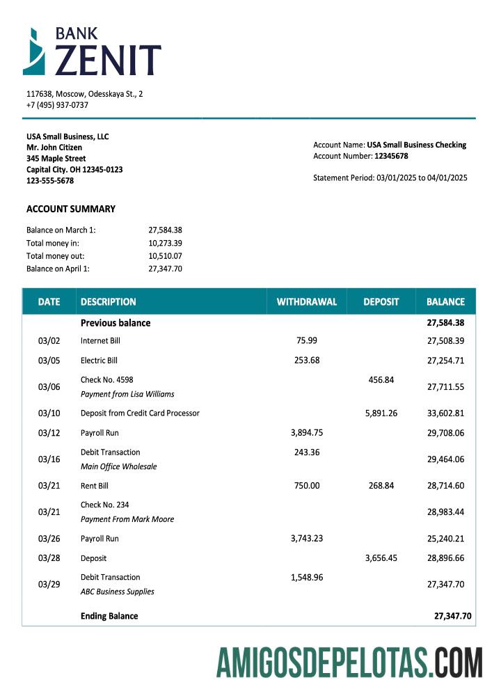 Realista Rússia Zenit Company Verificando extrato de conta modelo Word e PDF